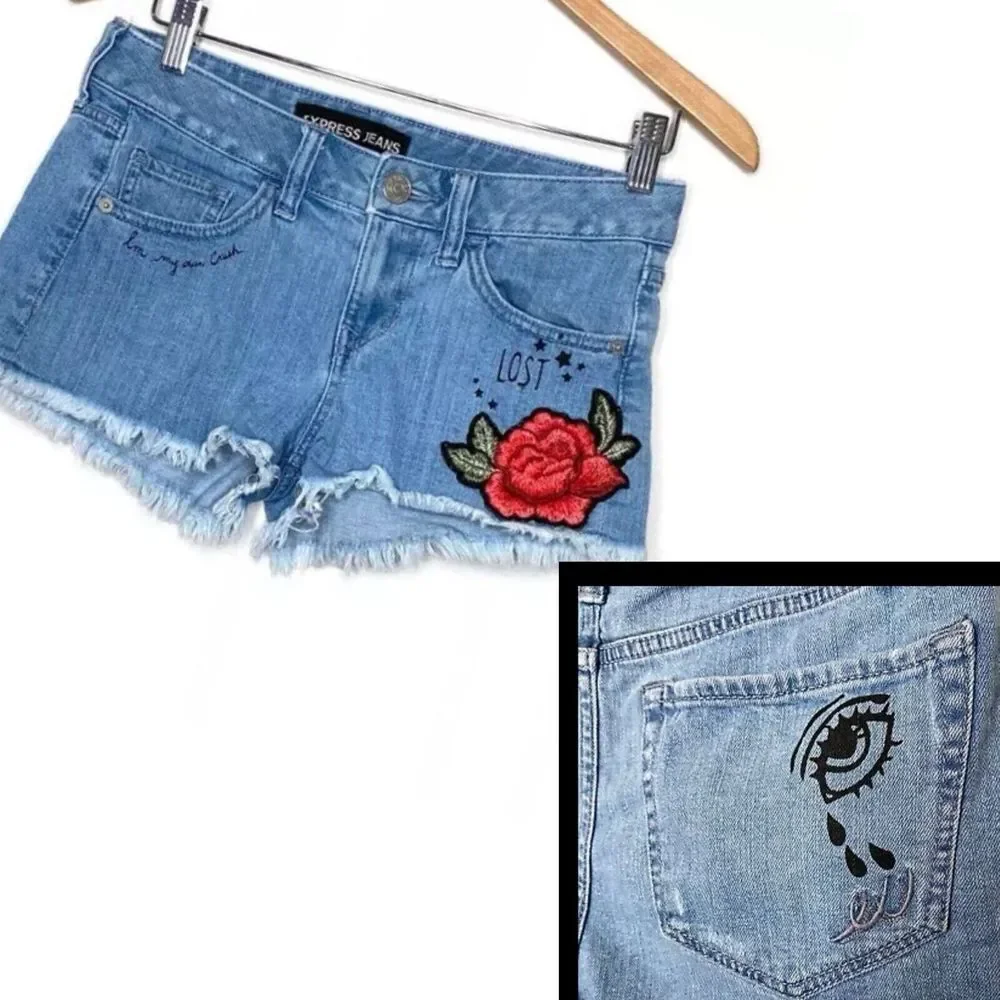 Express Cut Off Denim Shorts Size 0‎ Embroidered Floral Patch Distressed Jeans